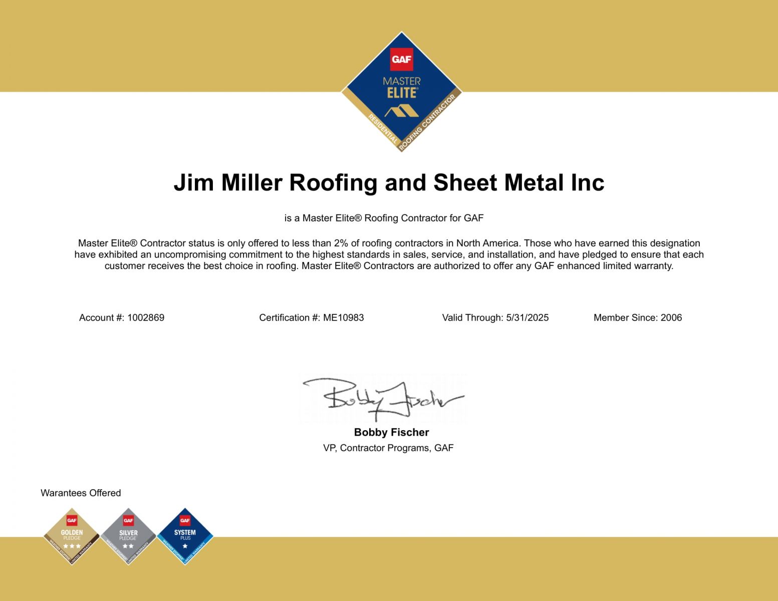 Jim Miller Inc. Certificate