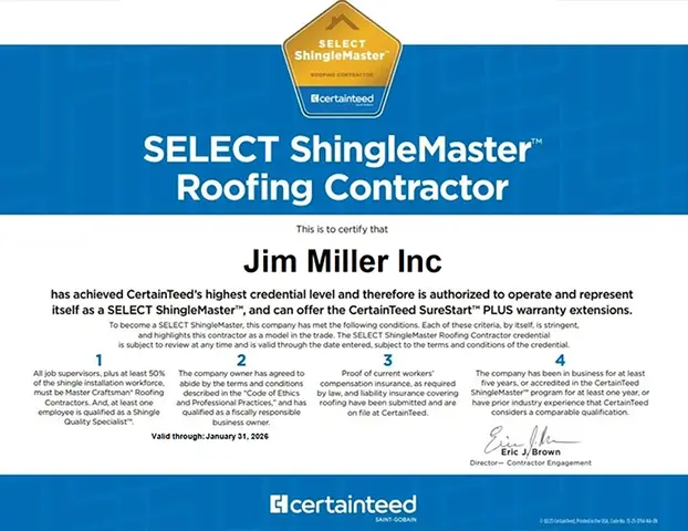 Jim Miller Inc. Certainteed SELECT Shinglemaster certificate