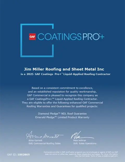 Jim Miller Inc. GAF Coatings Pro+ certificate